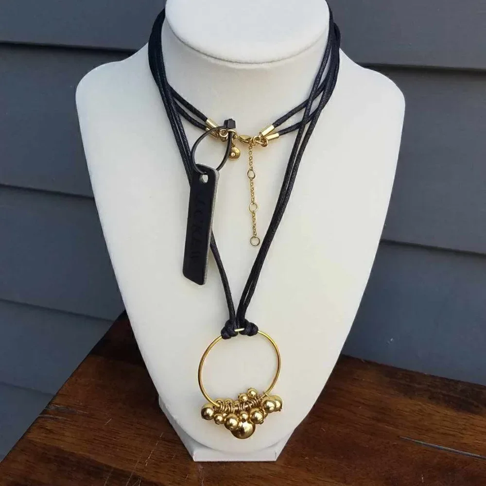 NWT J Crew Black Cord Circle Charm Necklace with Balls